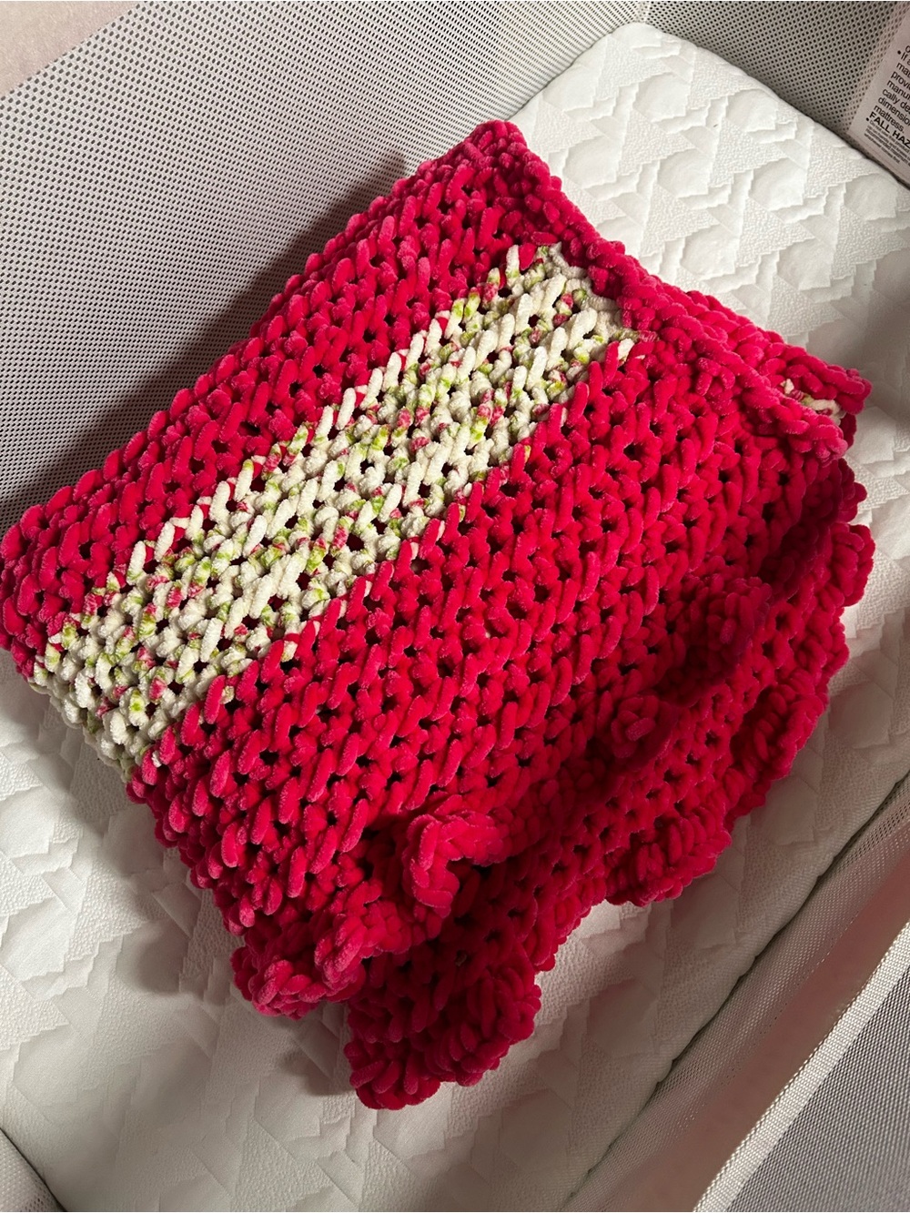Handmade Chunky Knit Blanket in Hot Pink with Cream Stripes